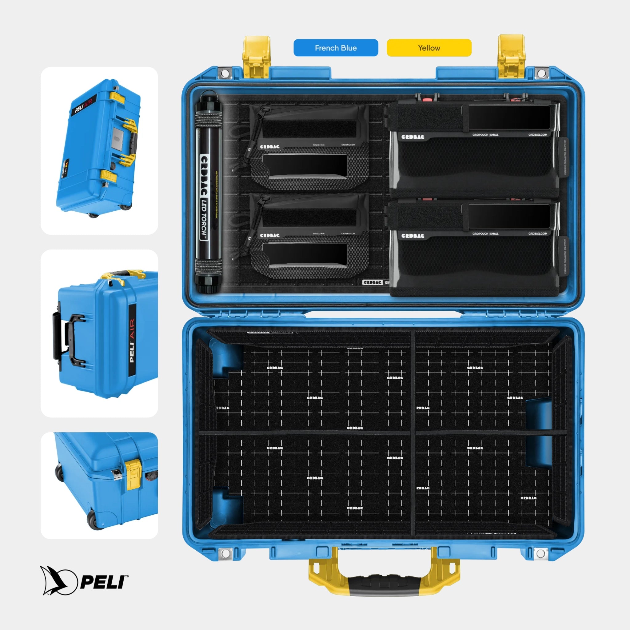 Peli 1535 Air case French Blue with CRDBAG MOLLE Panel GRID-LID organizer and GRID-DIVIDE divider system