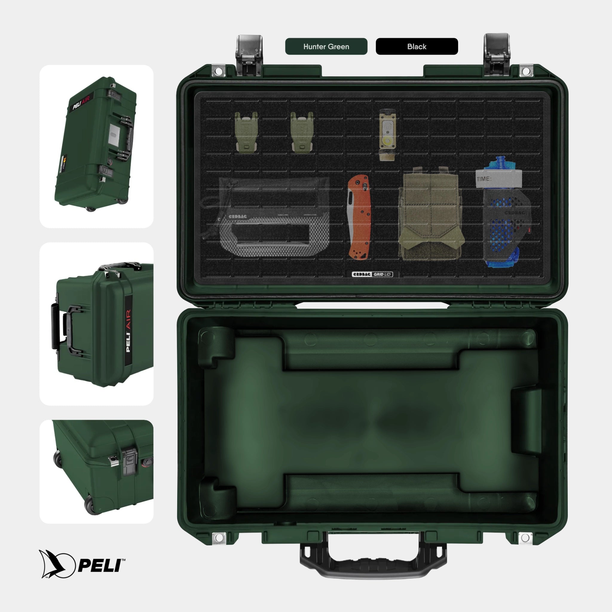 Peli 1535 Air case Hunter Green with CRDBAG MOLLE Panel GRID-LID organizer