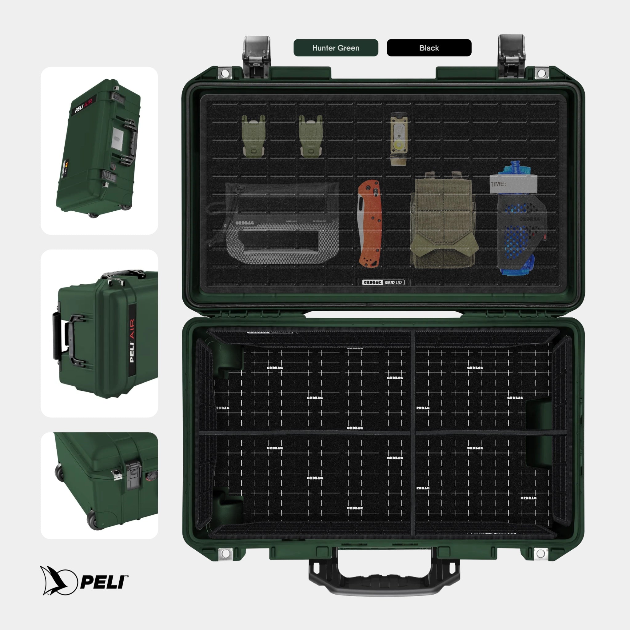 Peli 1535 Air case Hunter Green with CRDBAG MOLLE Panel GRID-LID organizer and GRID-DIVIDE divider system