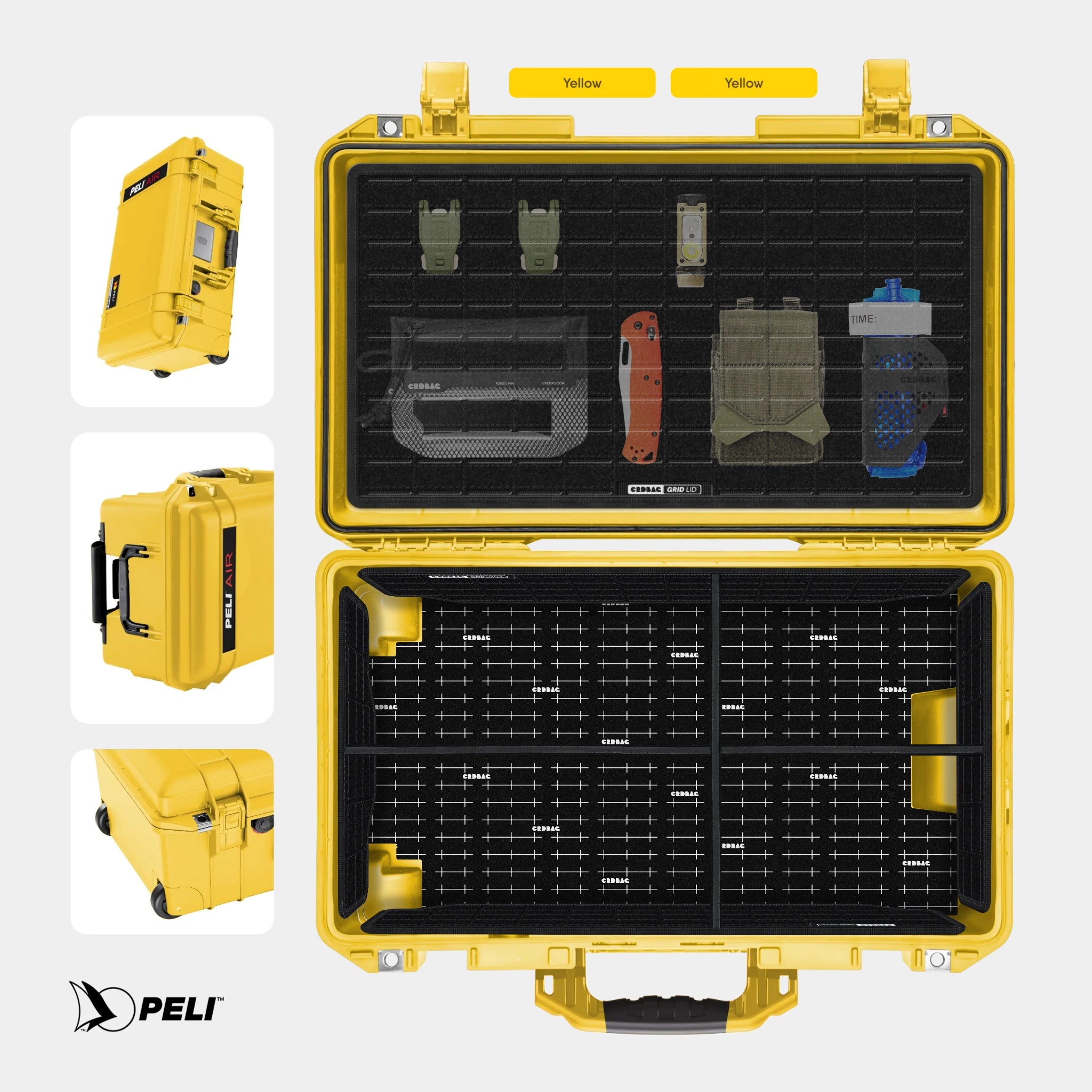 Peli 1535 Air Yellow case with CRDBAG MOLLE Panel GRID-LID organizer and GRID-DIVIDE divider system