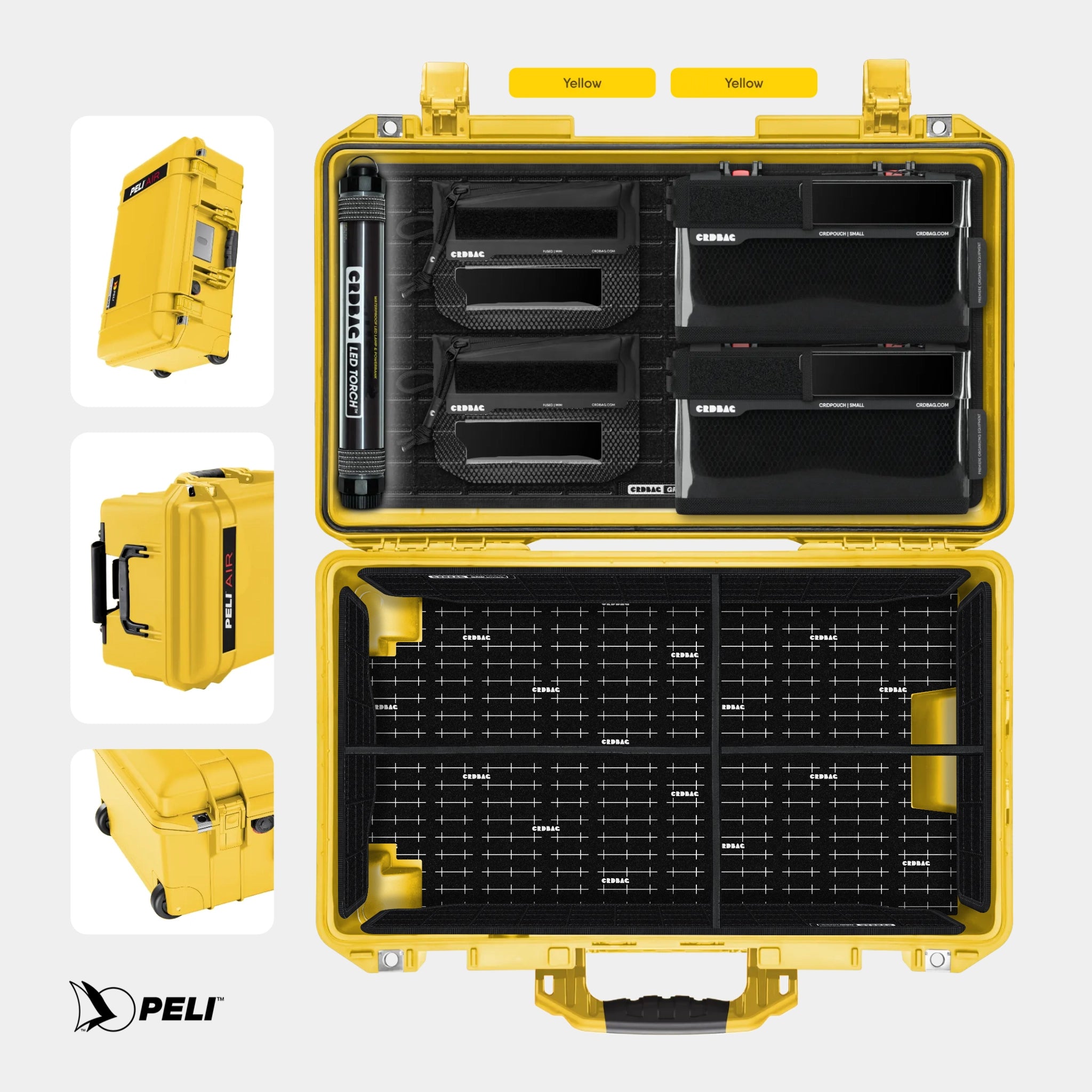 Peli 1535 Air case Yellow with CRDBAG MOLLE Panel GRID-LID organizer and GRID-DIVIDE divider system